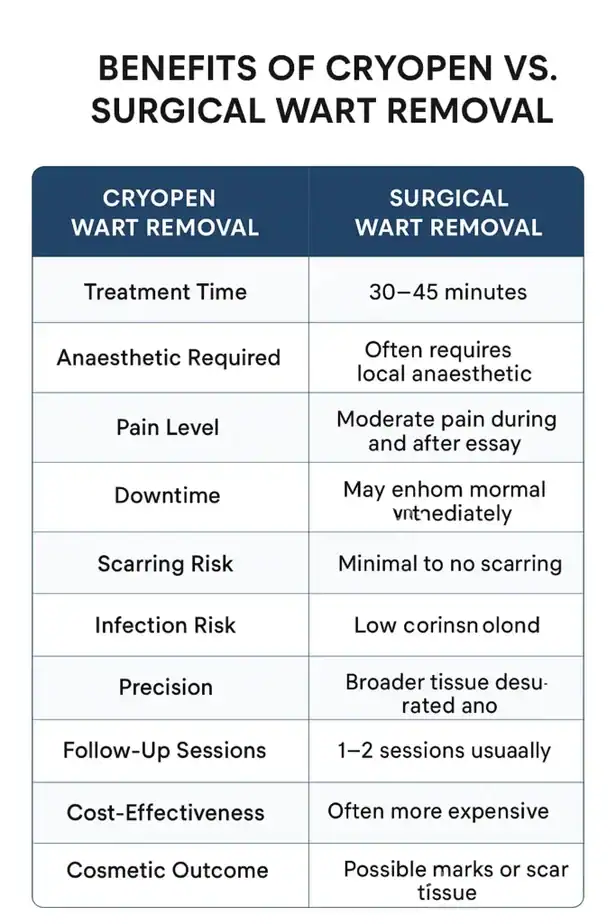 Table showing the benefits of cryopen to remove warts Byfleet compared to surgical treatment